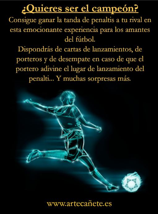 Cartel del juego de fútbol 11 Metros con jugador luminoso y pelota de penalti
