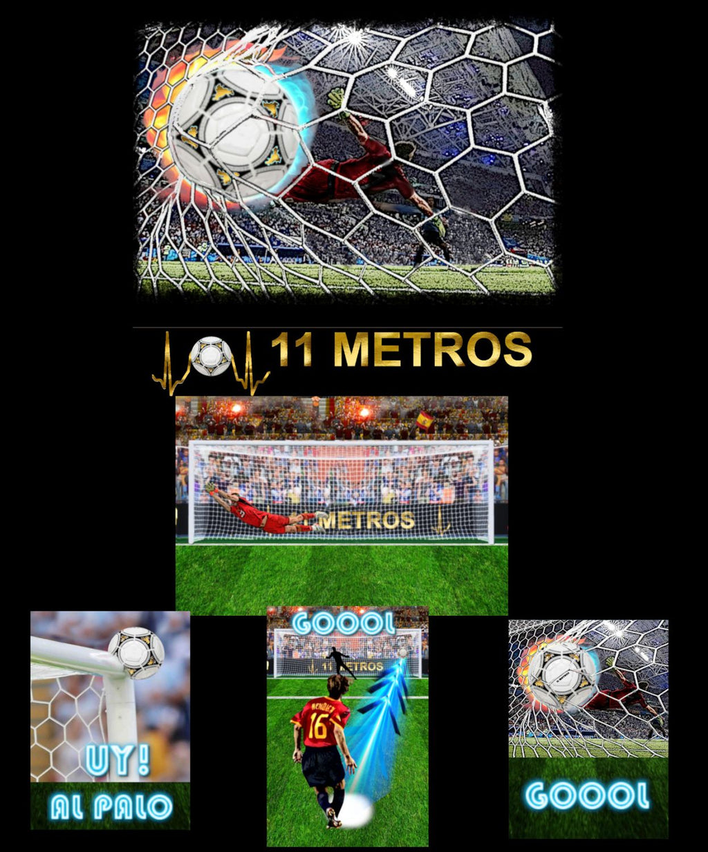 Colaje del juego de fútbol 11 Metros con portería, jugador y miniaturas