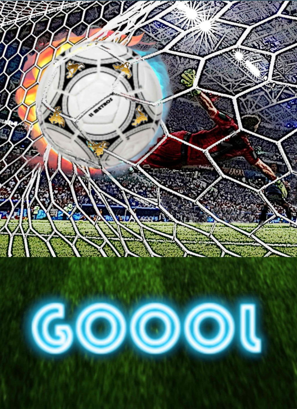 Juego de fútbol 11 Metros con portería y texto GOOOOL sobre césped