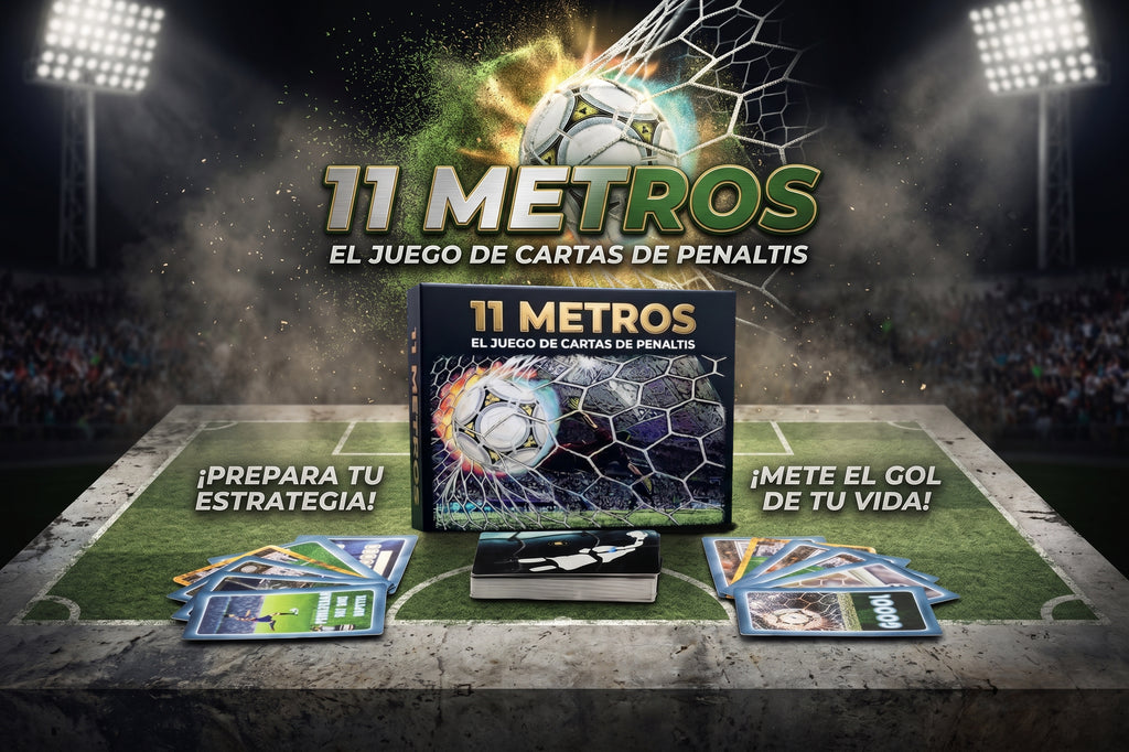 Juego de fútbol 11 Metros: caja y tarjetas con diseño de balón y portería