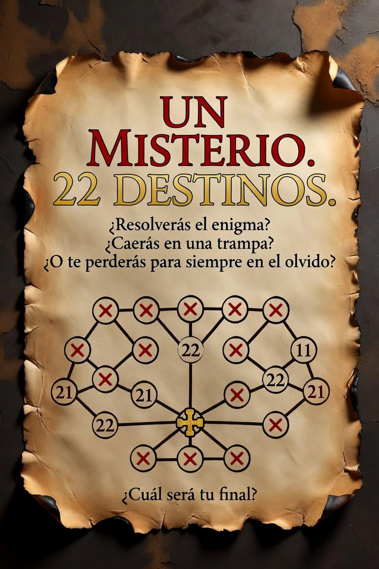 Libro-juego cofrade con carta pergamino: 'Un misterio. 22 destinos' y mapa con casillas.