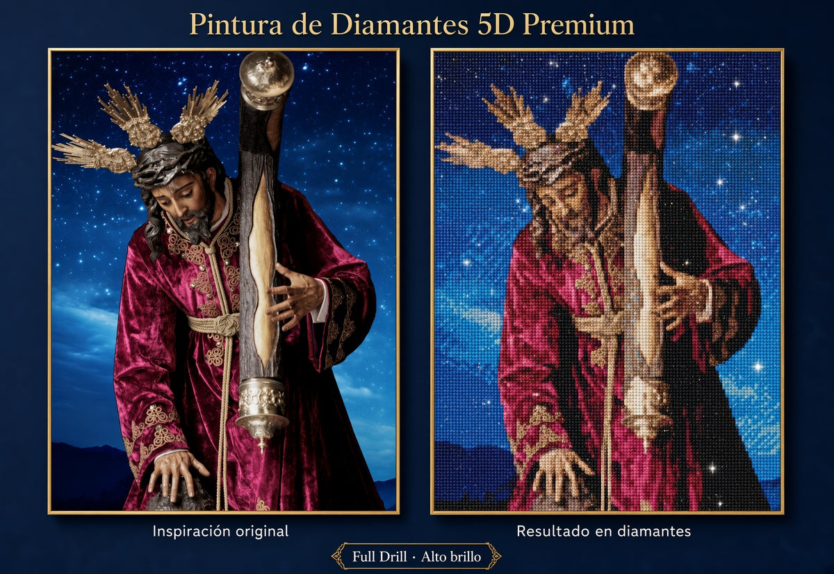 Pintura de diamantes 5D con cofrade de capa roja y báculo dorado