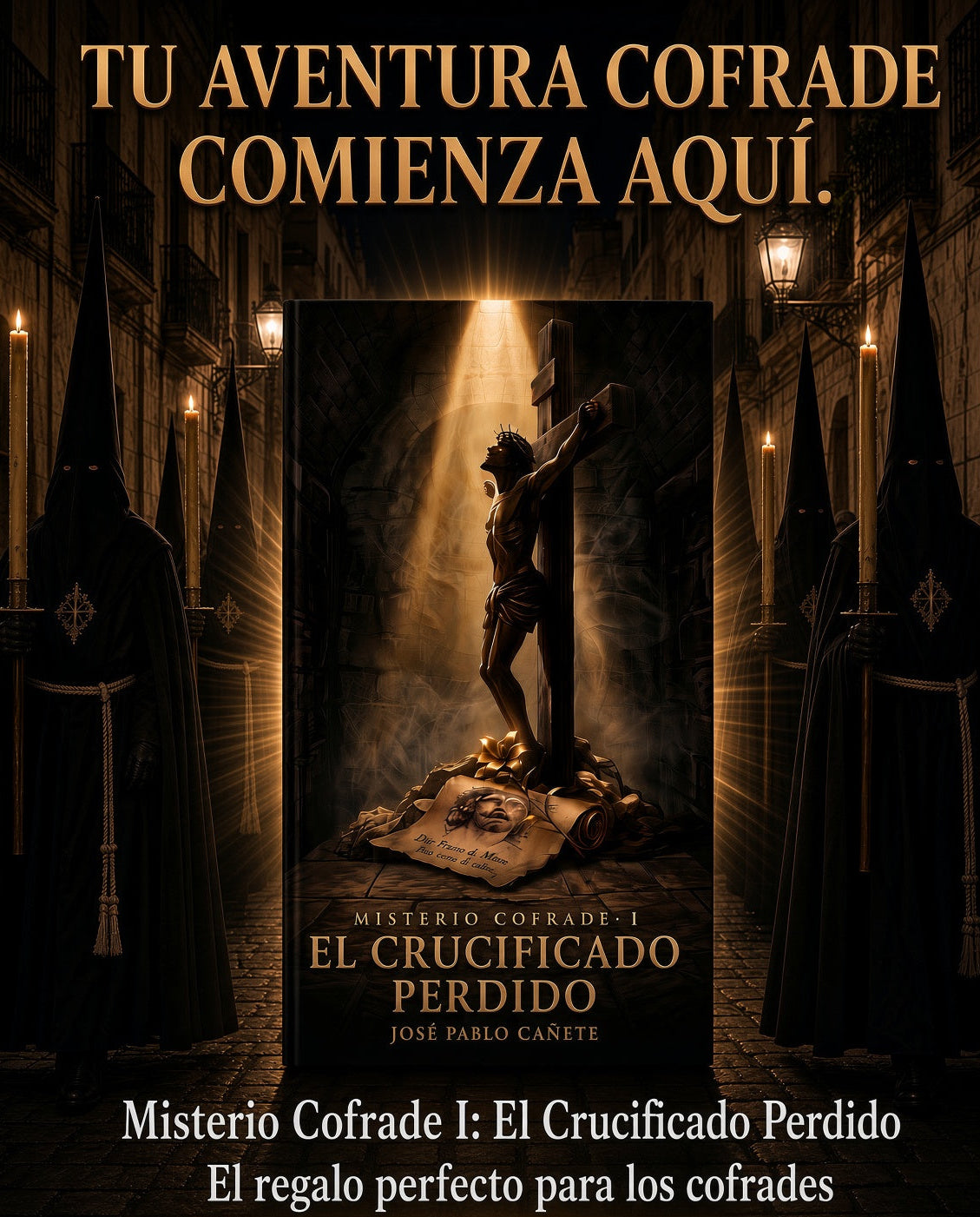 Libro-juego cofrade con portada 'El Crucificado Perdido' y figura del crucificado en escena.