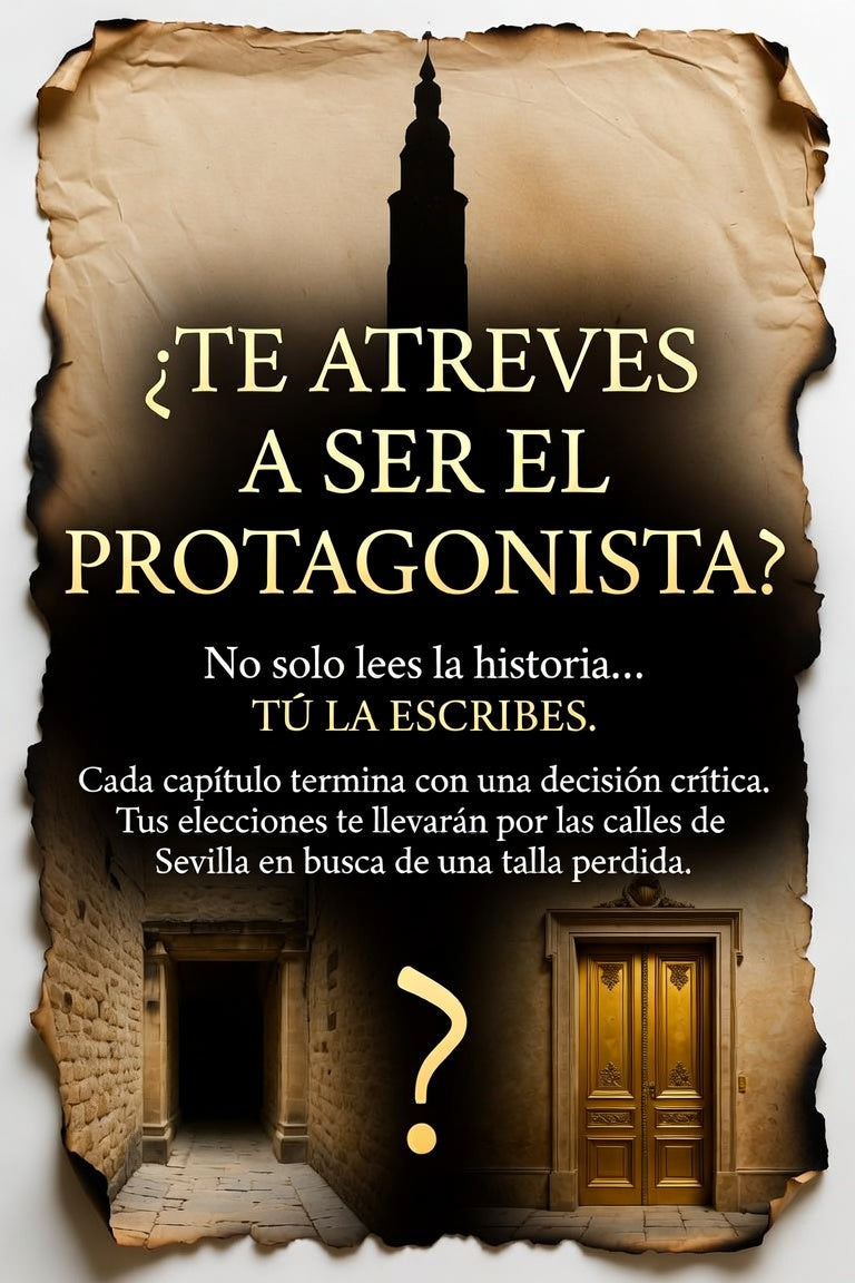 Libro-juego cofrade en pergamino con texto '¿Te atreves a ser el protagonista?'.