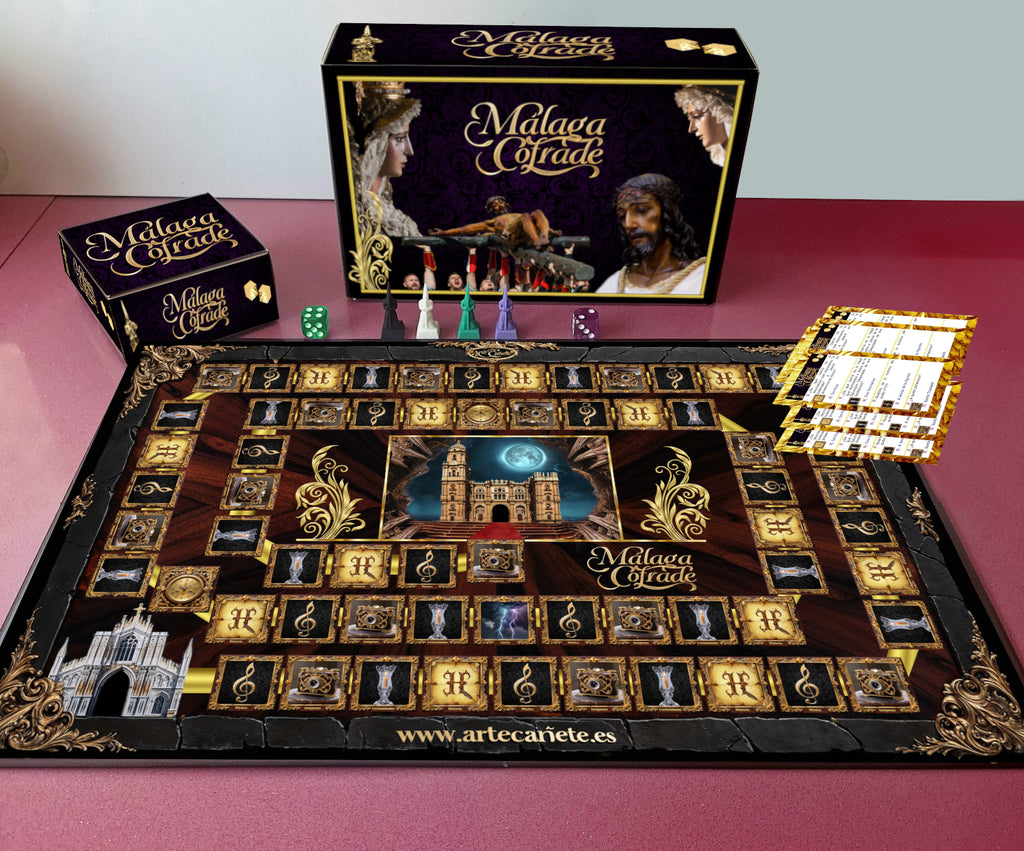Juego de mesa con tablero negro y dorado, cartas y caja abierta