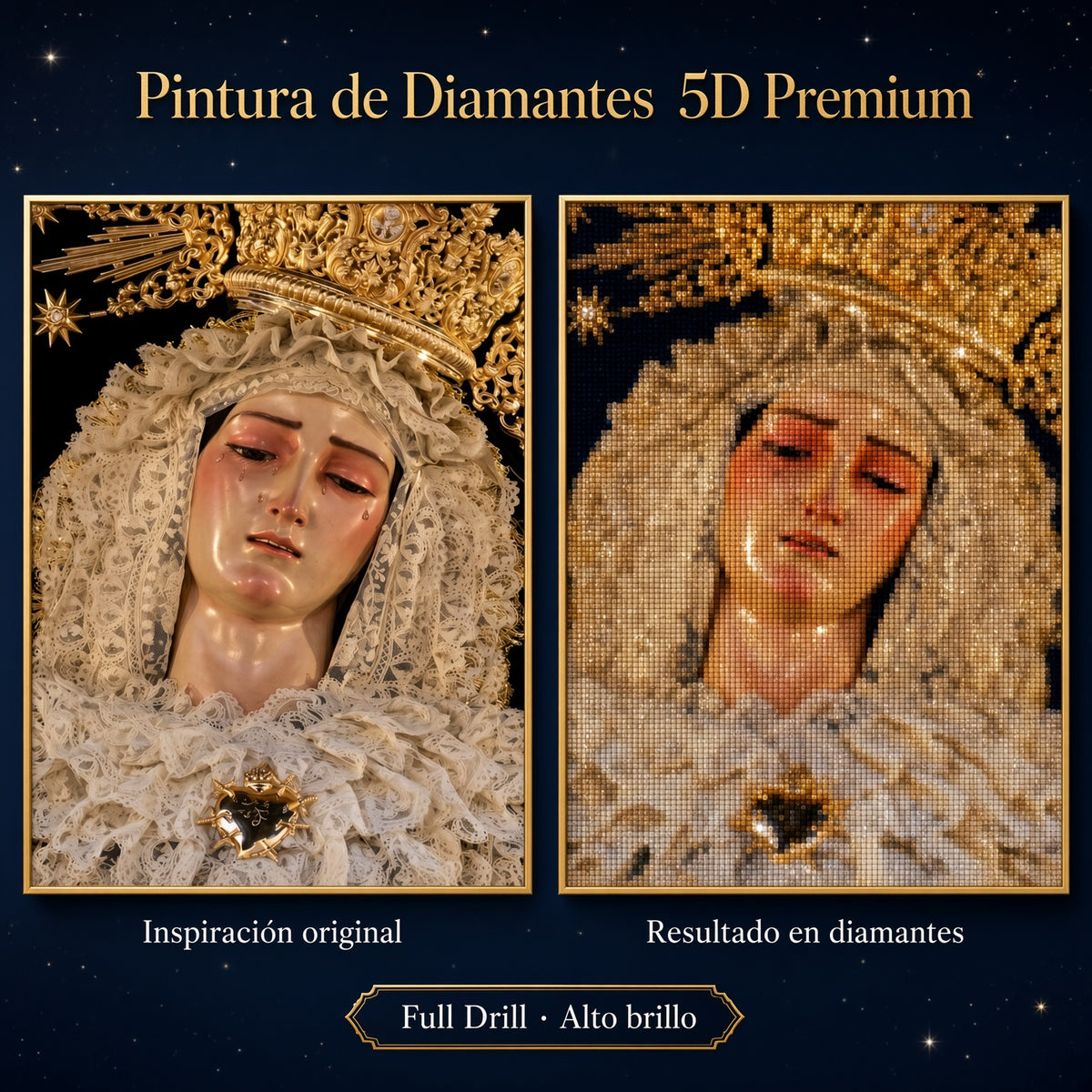 Puzzle de diamantes 5D con imagen de una virgen con manto blanco y encaje