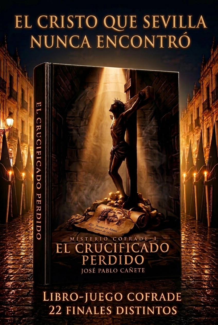 Libro-juego cofrade con portada del crucificado y título 'El Crucificado Perdido'.