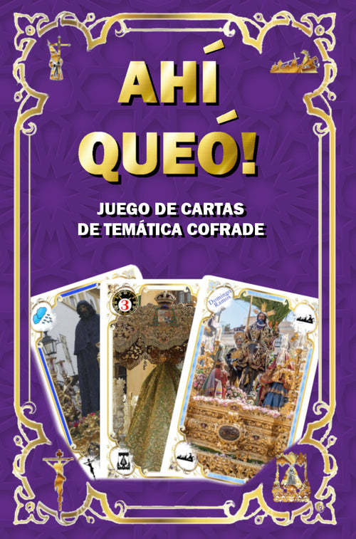 Caja de juego de cartas morada “Ahi Queó!”, con marco decorativo y cartas ilustradas
