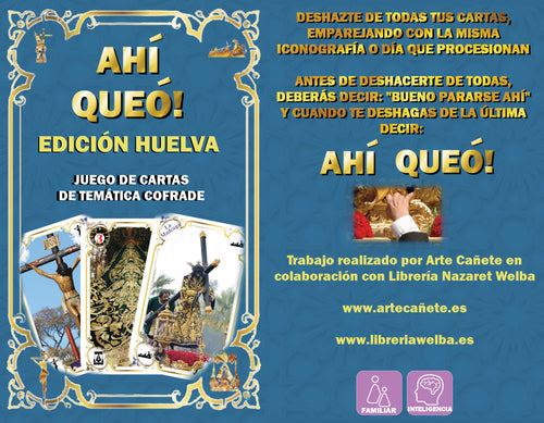 Cartel azul de juego de cartas temático con ilustración religiosa y tipografía grande