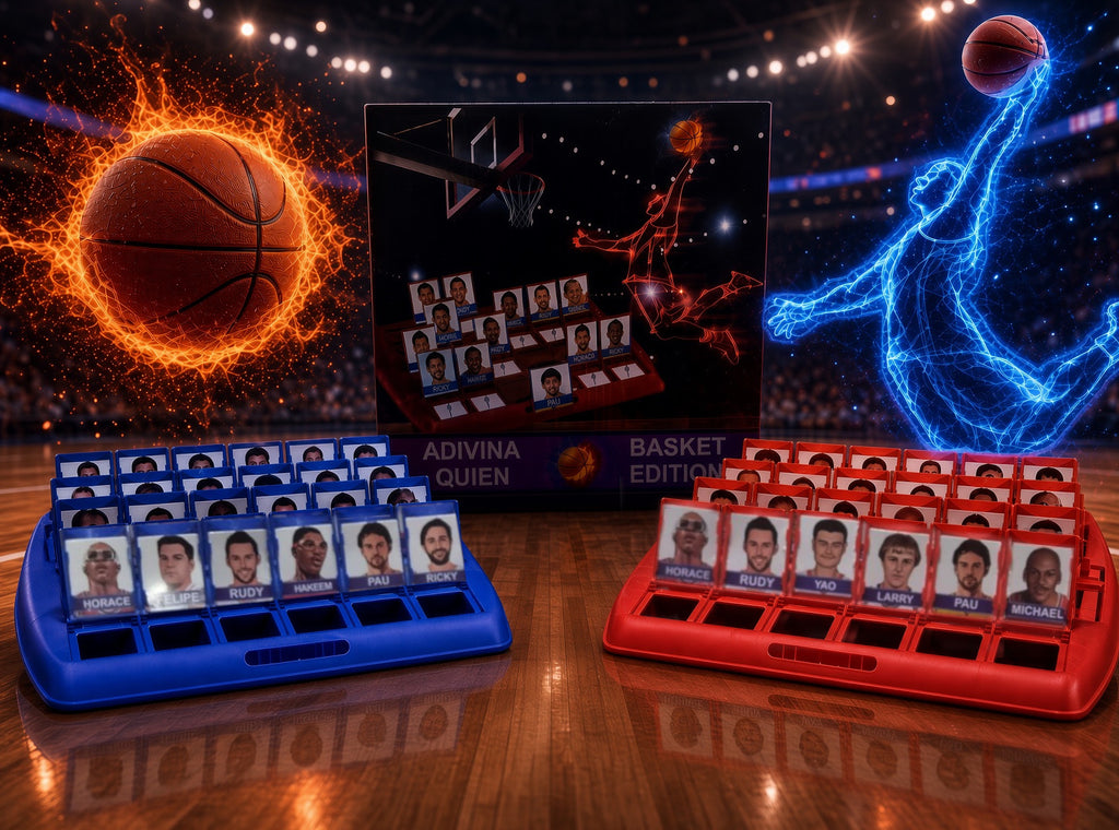 Juego de mesa de baloncesto con base azul y roja y tarjetas de jugadores