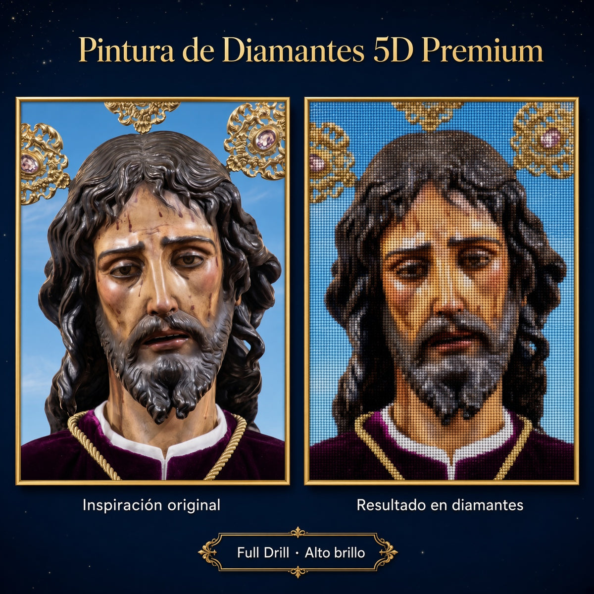 Puzzle de diamantes 5D con retrato de Cristo de cerca, cabello oscuro y barba