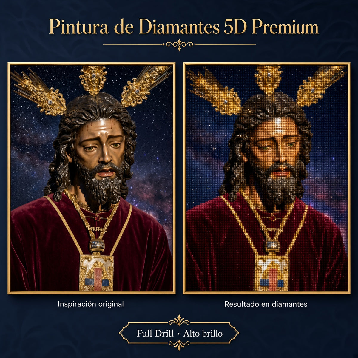 Puzzle de diamantes 5D con retrato de Jesús con corona dorada y túnica roja
