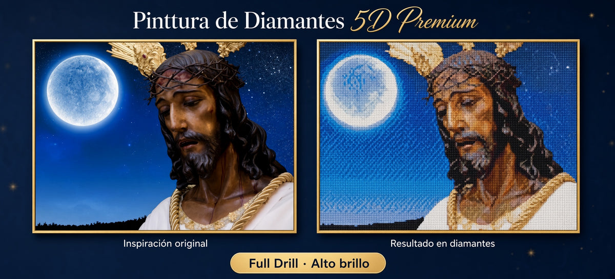 Cuadro de pintura de diamantes 5D con retrato de hombre y luna, antes y después