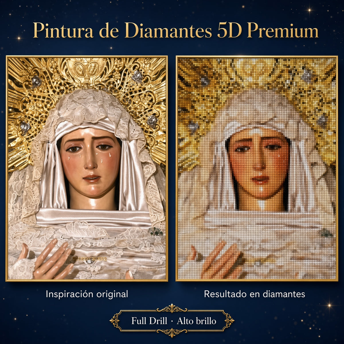 Puzzle de diamantes 5D con imagen de la Virgen, manos juntas y toca blanca