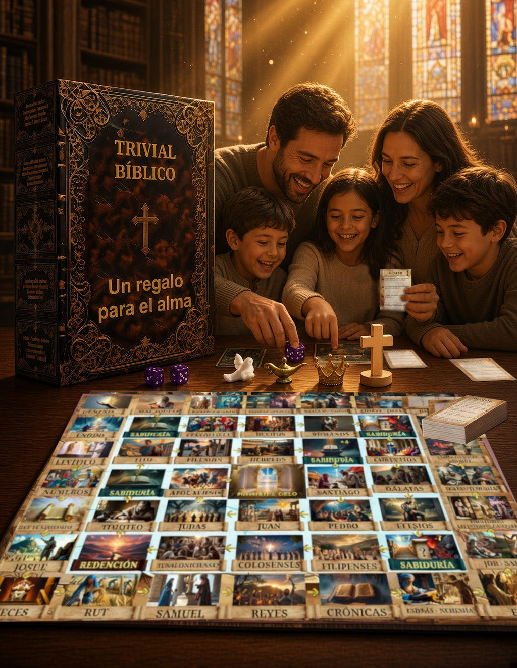 Juego Trivial Bíblico en caja negra y dorada con texto y cruz