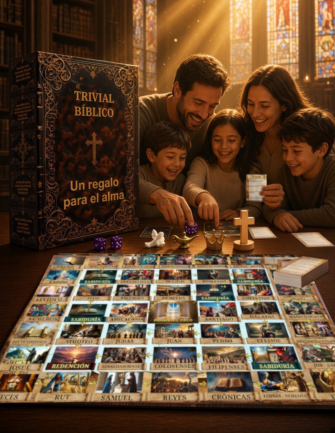 Juego Trivial Bíblico en caja negra y dorada con texto y cruz