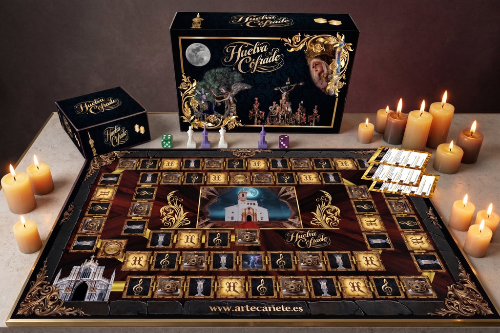 Juego de mesa Trivial Huelva Cofrade: tablero con cartas y dados, en caja negra.