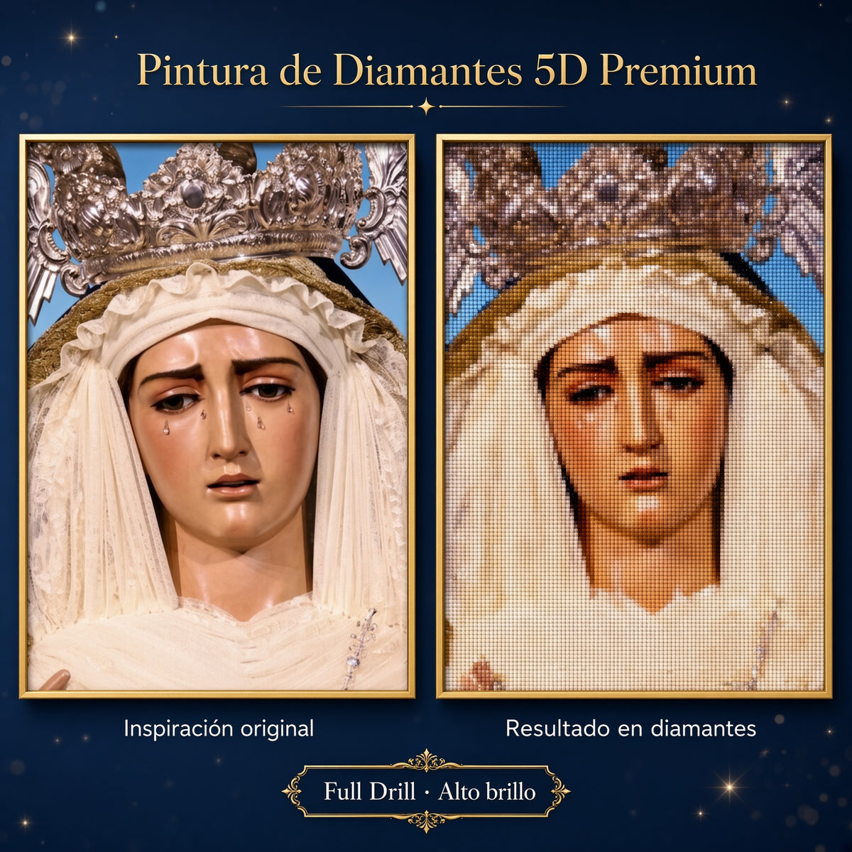 Puzzle de diamantes 5D con retrato de la Virgen con corona y velo blanco