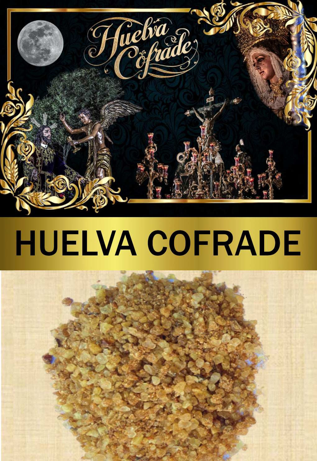Incienso Huelva Cofrade: granos beige con pequeños toques azules, en montón.