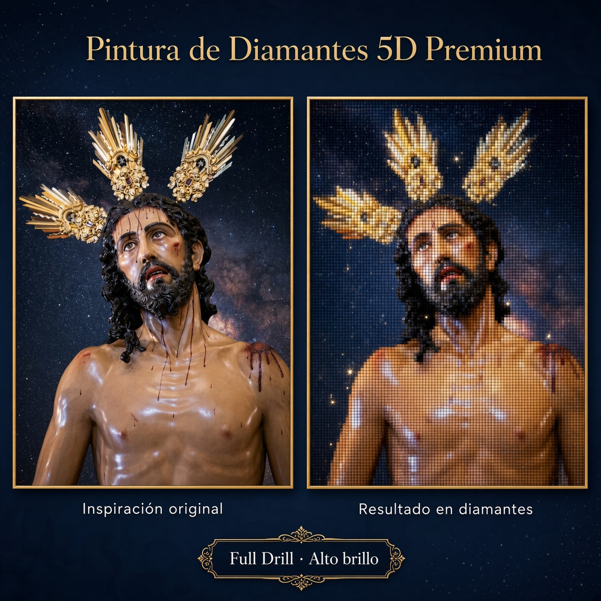 Puzzle de diamantes 5D con Jesús con manos extendidas, tonos dorados en el fondo