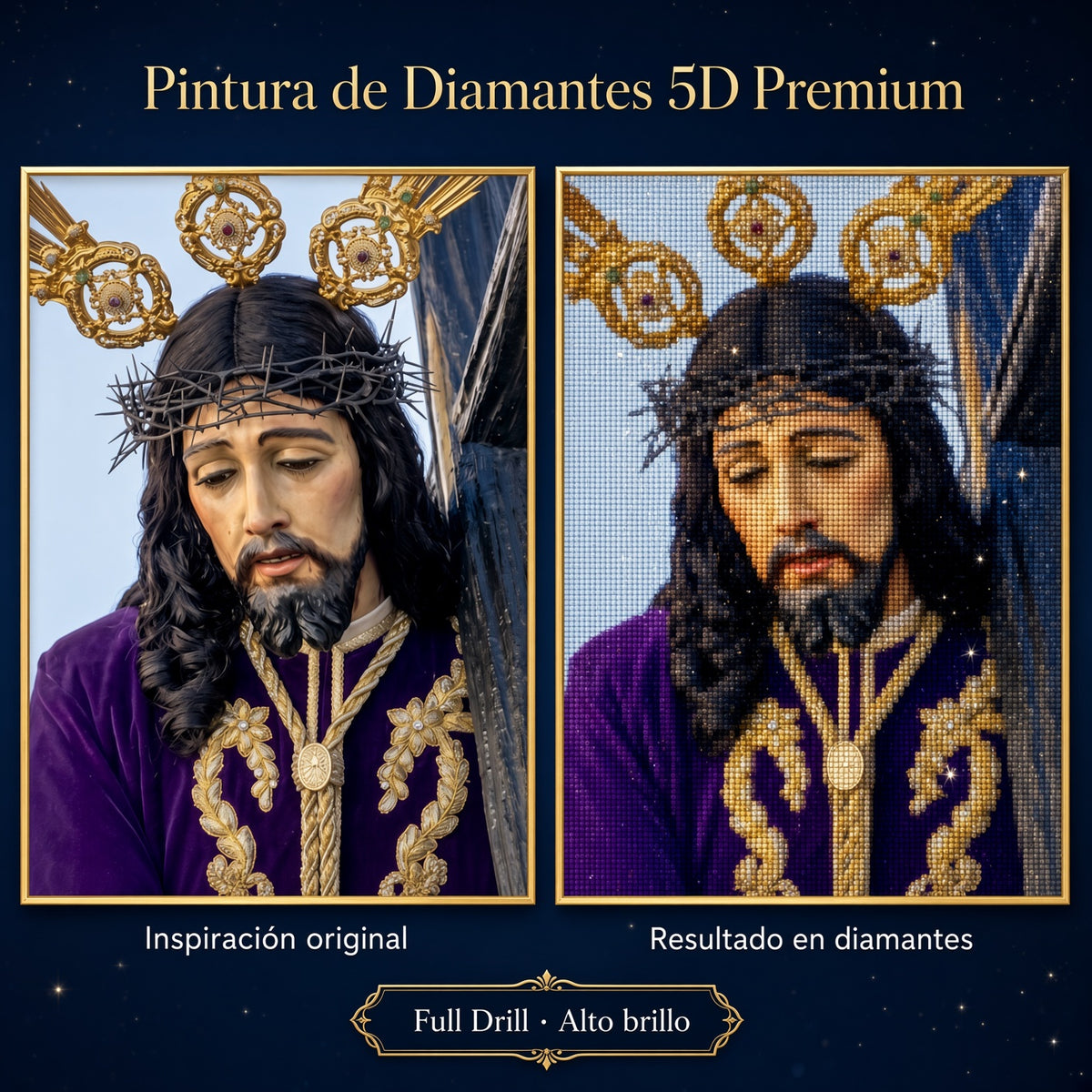 Pintura de diamantes 5D con rostro de cofrade con corona negra y túnica morada