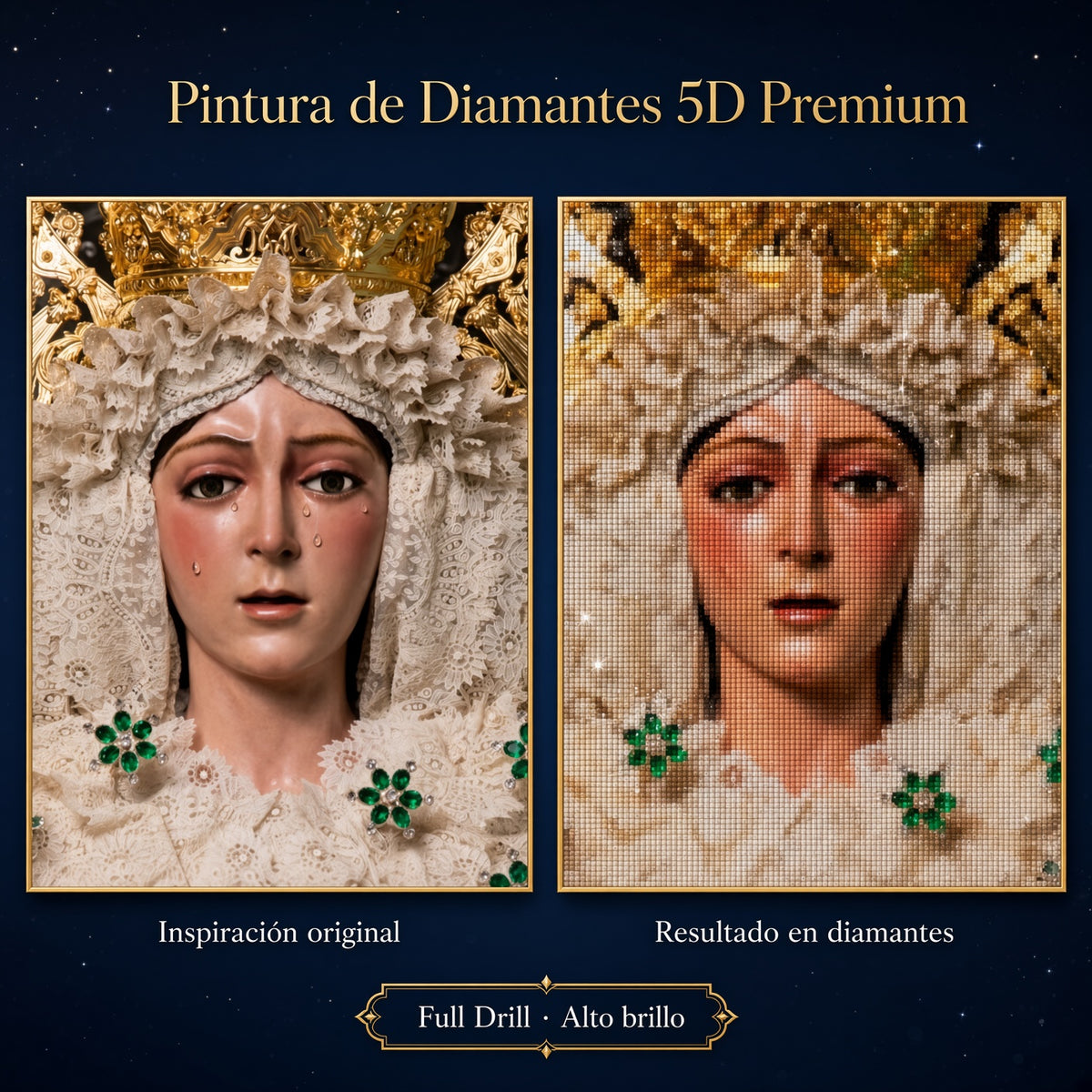 Pintura de diamantes 5D con retrato de virgen de tocado blanco y detalles verdes