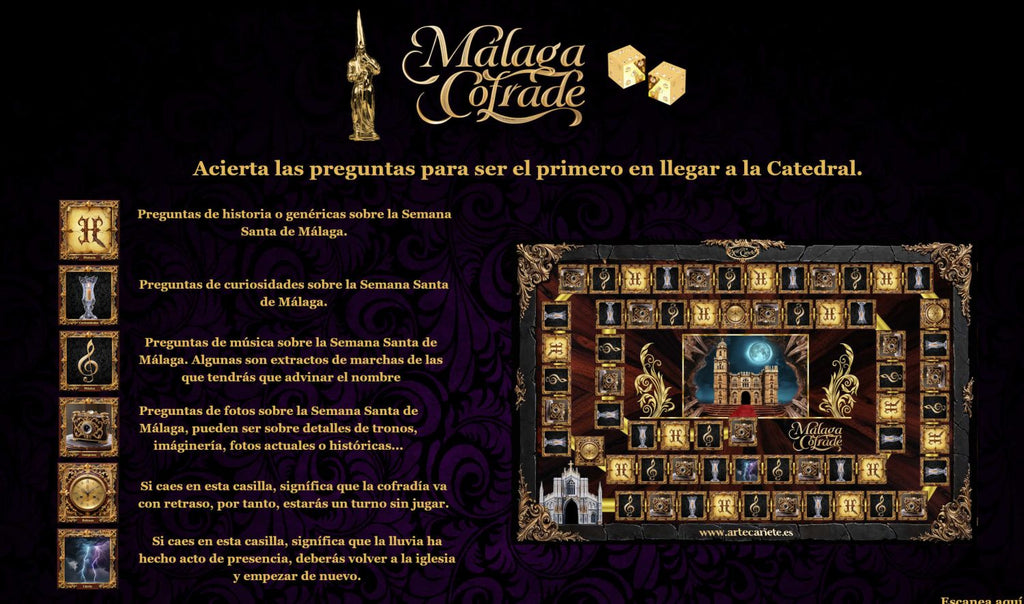 Juego de mesa con contraportada negra, texto e ilustración de tablero
