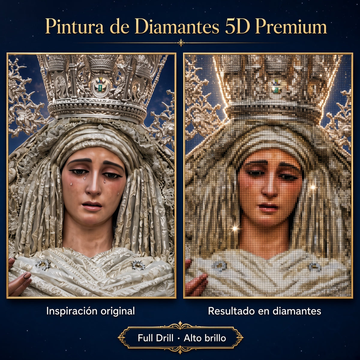 Pintura de diamantes 5D con retrato de virgen con corona y manto claro