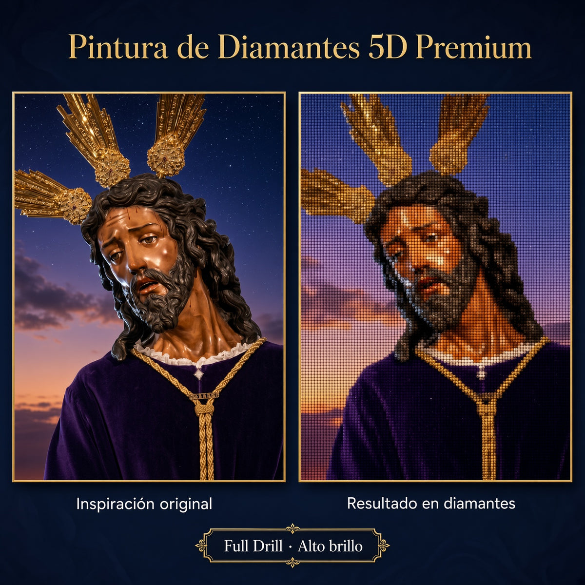 Pintura de diamantes 5D con retrato de Cristo con túnica morada y aureola dorada