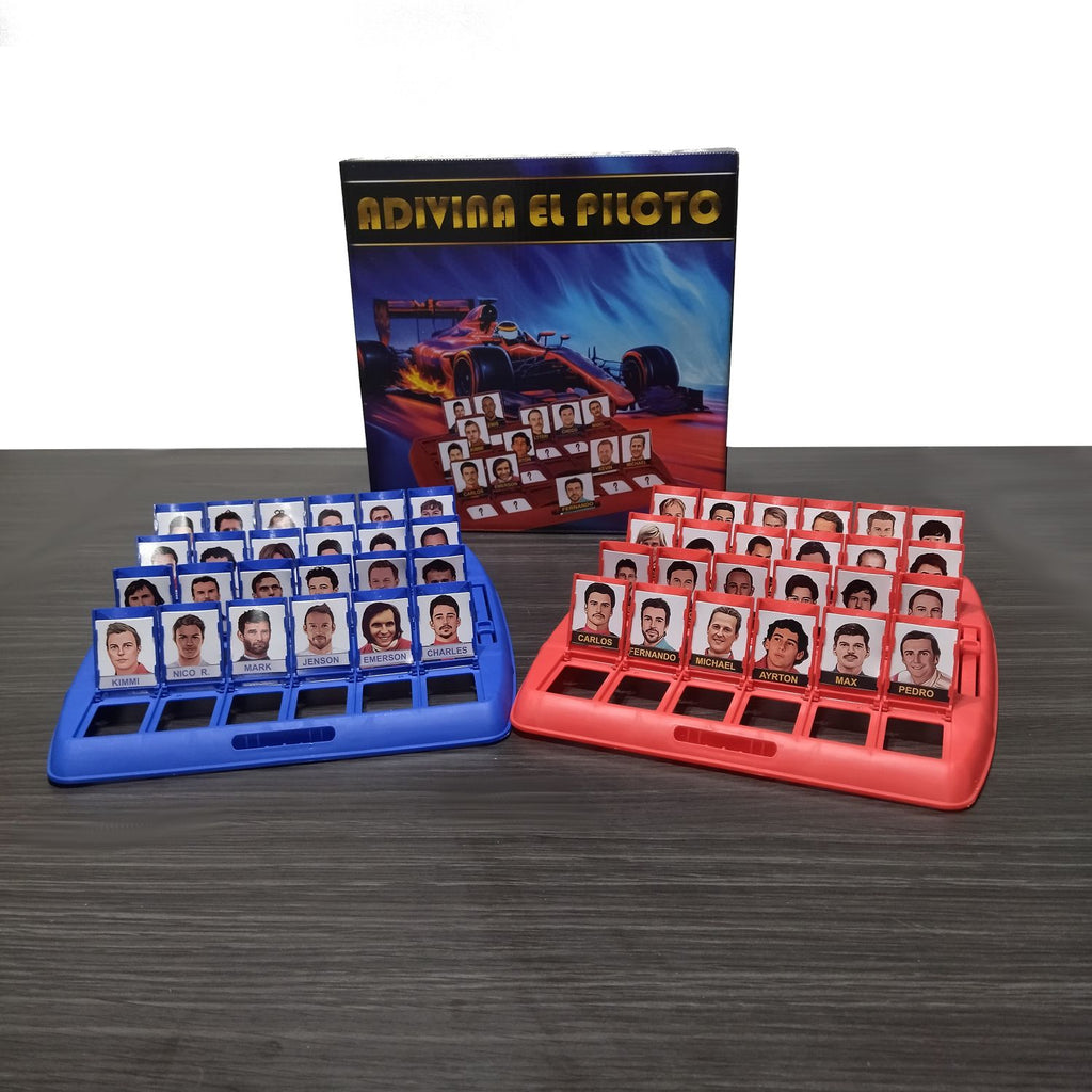 Juego Adivina el piloto: bandejas azul y roja con fichas de rostros