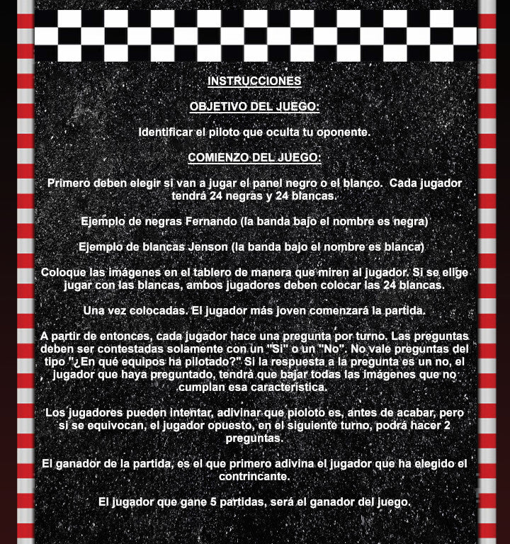 Tarjeta de instrucciones del juego: reglas y objetivo para adivinar el piloto