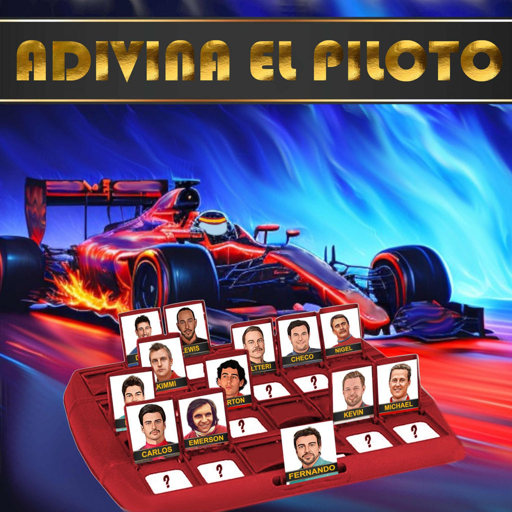 Juego Adivina el piloto: bandeja roja con tarjetas de jugadores y casillas con '?'