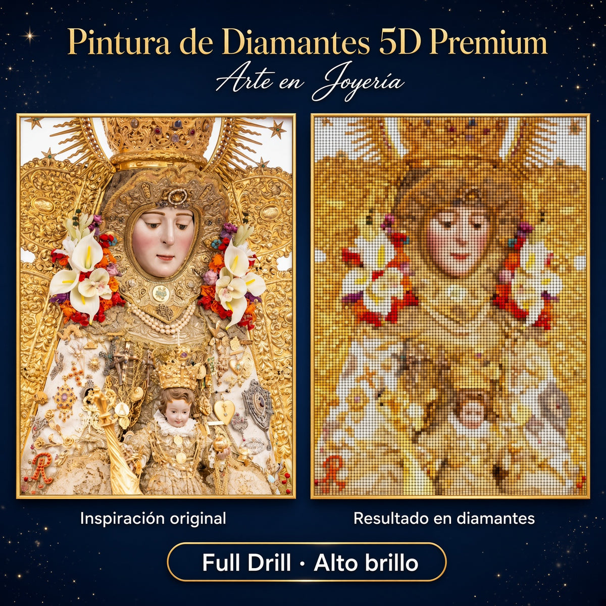 Cuadro puzzle de diamantes 5D de la Virgen del Rocío, diseño dorado, 30x40 cm