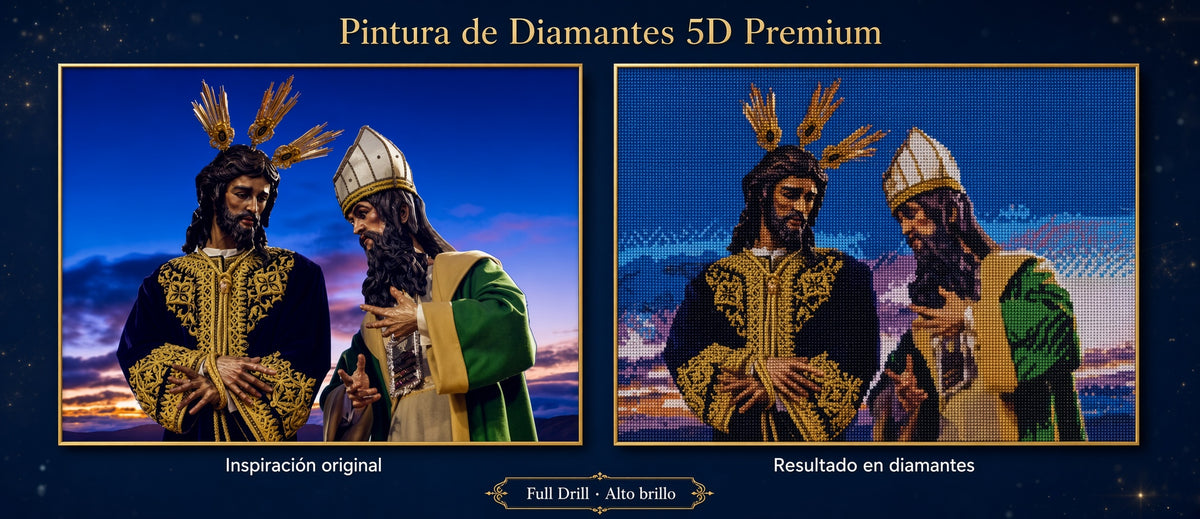 Pintura de diamantes 5D Premium con dos figuras cofrades junto a un camino