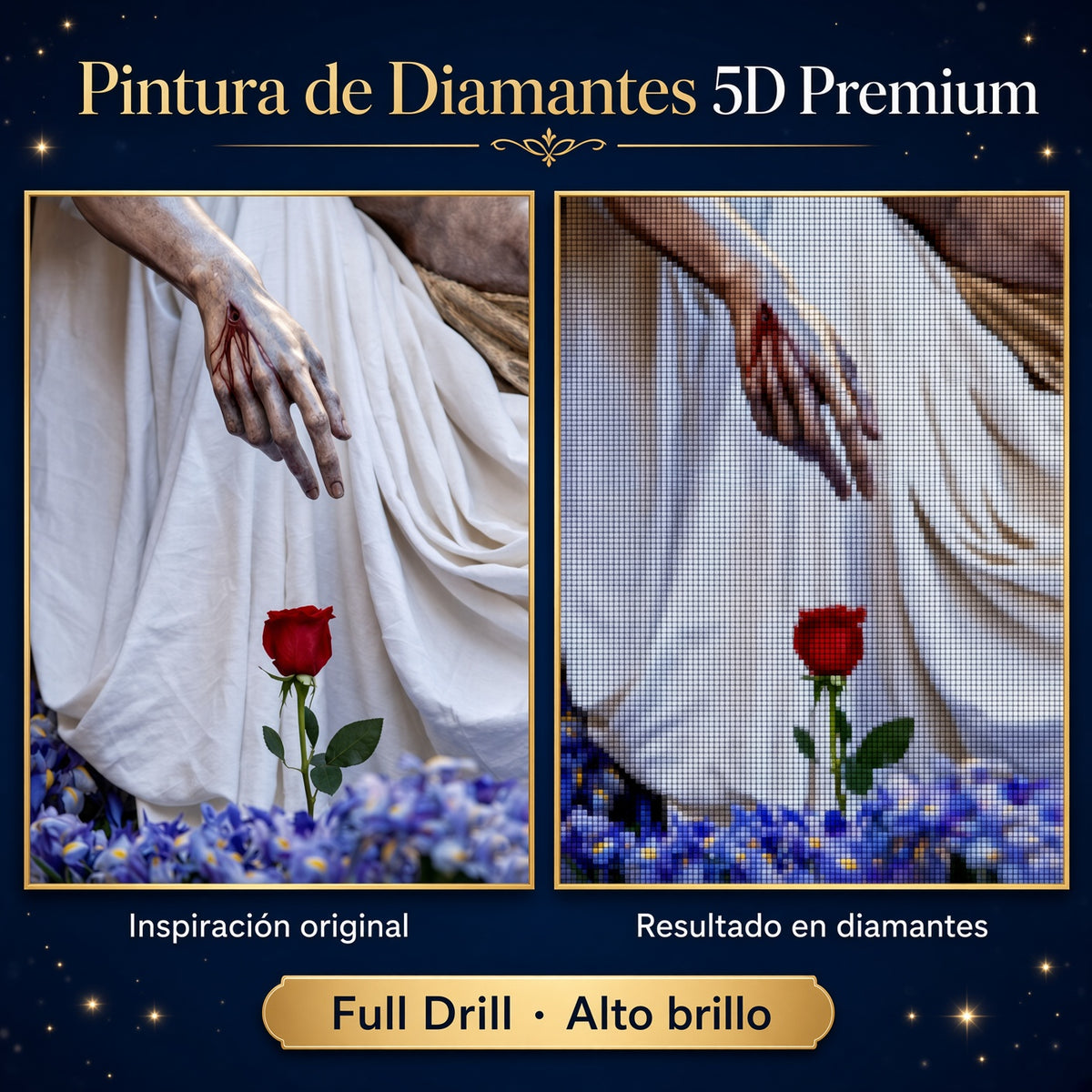 Pintura de diamantes 5D Premium con manos sobre tela blanca y una rosa roja