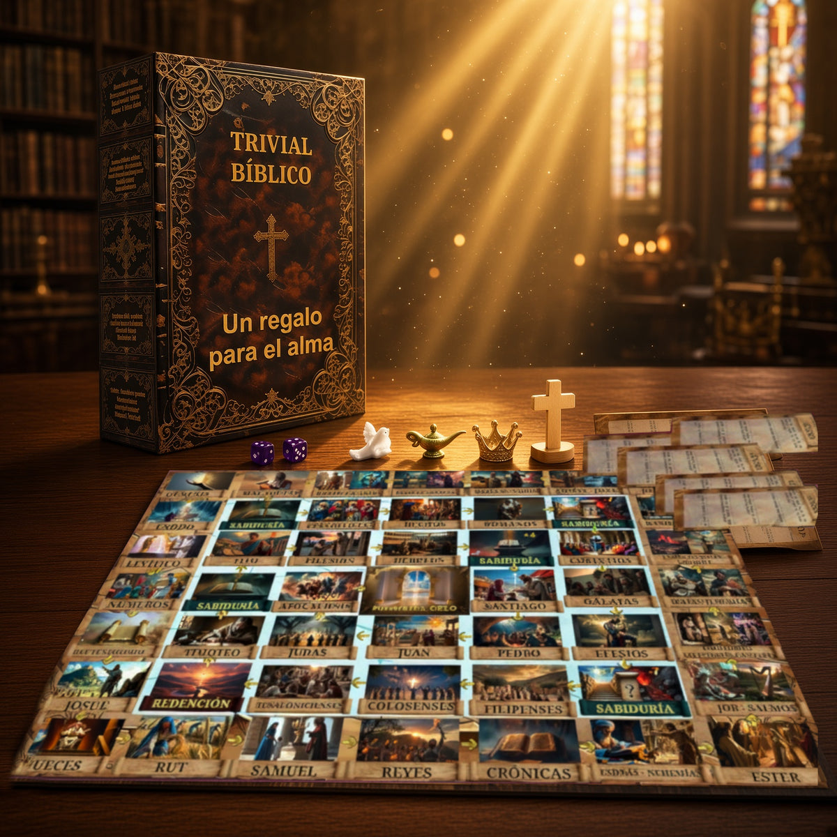 Juego de trivial bíblico: caja y tablero con tarjetas y preguntas bíblicas