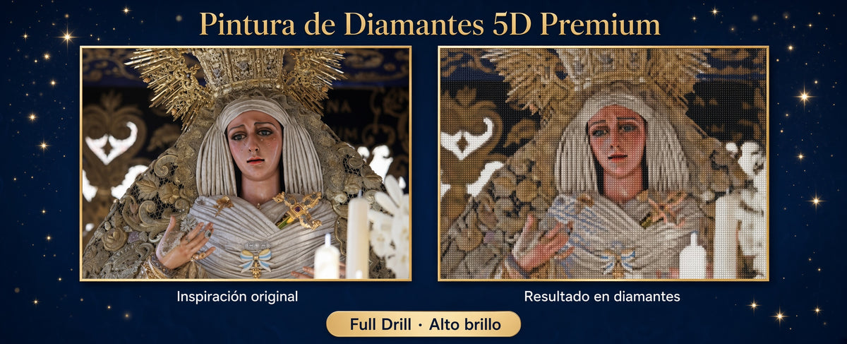 Pintura de diamantes 5D con la Virgen de frente, manto claro, 30x40 cm.